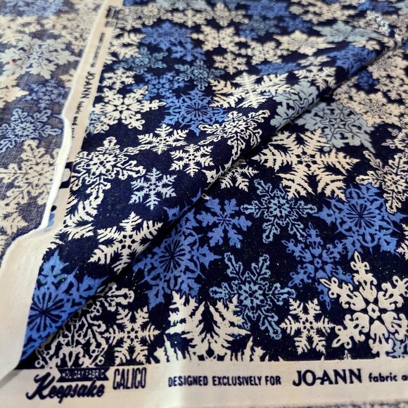 Keepsake Calico Joann Holiday Snowflake Glitter Blue Cotton Material - 56" x 42" - Picture 8 of 10